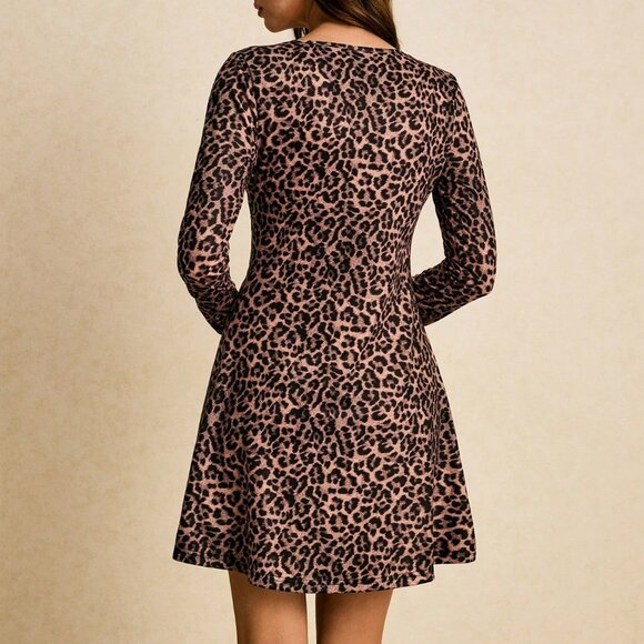 Khaki Casual Women's Leopard Print V Neck Long Sleeve Mini Tie Front Dress - Picture 2 of 8